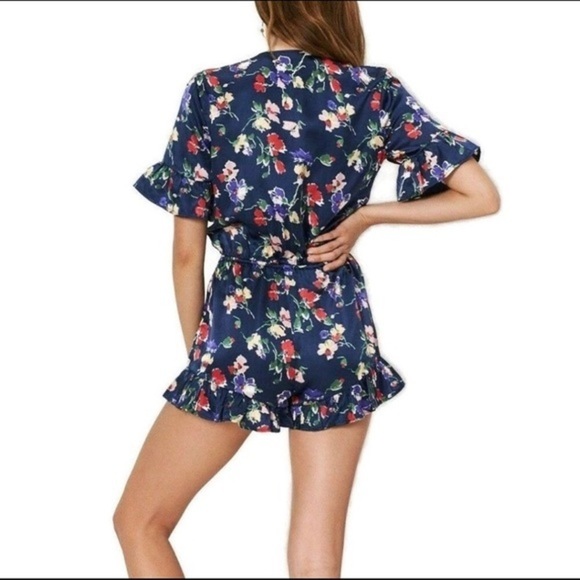 Tularosa Blue Satin Floral Tie Front V Neck Short Sleeve Romper - Picture 2 of 15